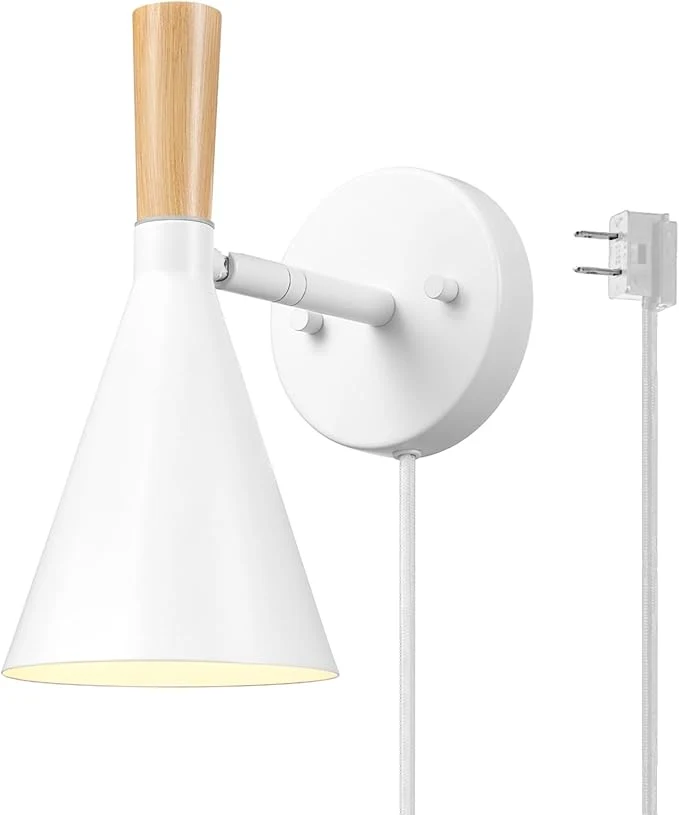 Top-Quality GLOBE Electric 65000147 1-Light Plug-in or Hardwire Wall Sconce Matte White Light Wood-Toned On Off Rotary Switch on Pivoting Shade 6ft White Braided Fabric Cord Wall Lights for Living RoomAbout ThisOverview Crafted
