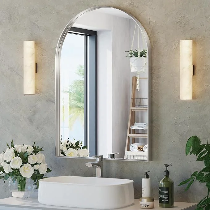 Powerful Brightify Arched Mirror Arched Wall Mirror 26 x 38 Inch Silver Arch Mirror Metal Frame Silver Bathroom Mirror Arched Top Bathroom Vanity Mirror for Living Room Bedroom Mantel Entryway HallwaysAbout ThisOverview Refined