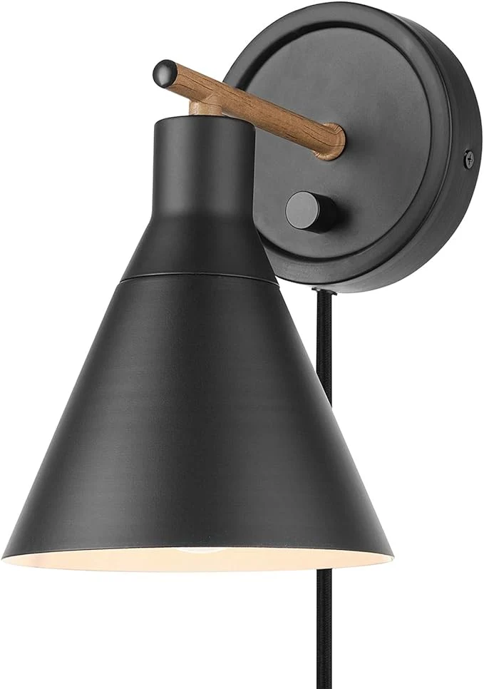 Refined GLOBE Electric 51725 1-Light Dimmable Plug-in or Hardwire Wall Sconce Matte Black Faux Walnut Accent Stepless Dimming Rotary Switch on Canopy Black Fabric Cord Bulb Not IncludedAbout ThisOverview Durable