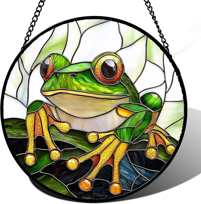 Recyclable Stained Glass Window Hanging Green Frog White Petals Sun Catchers Colorful Glass Panel Cute Suncatcher Decor for Birthday for Women Men Wife Aunt and Mom 14.9x14.9 inAbout This Modern