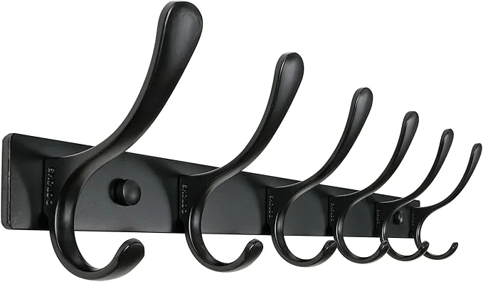 Classic SKOLOO Coat Rack Wall Mounted - 6 Hooks Heavy Duty Stainless Steel Metal Wall Hanger Sturdy Coat Hooks for Hanging Coats Jacket Clothes Hats - BlackAbout ThisOverview Certified