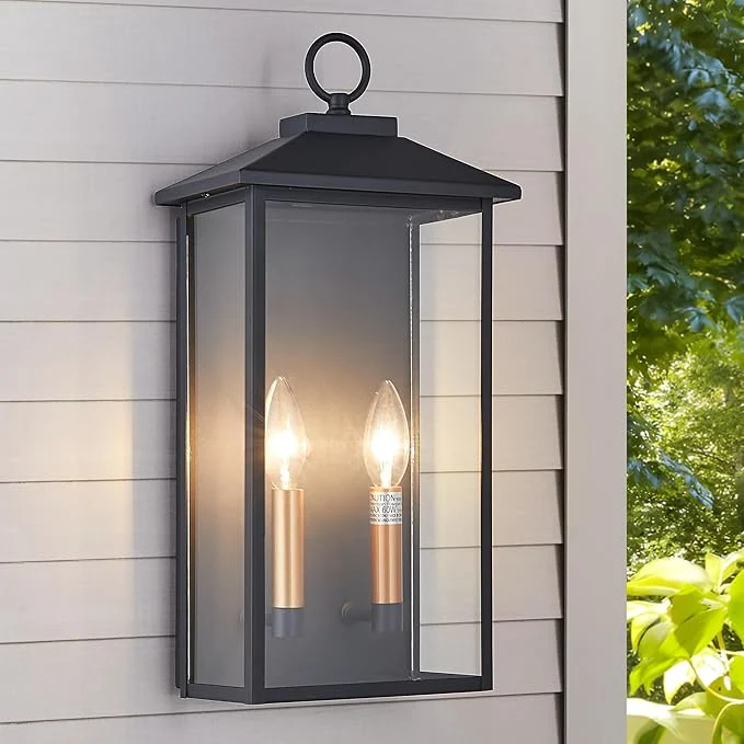 Optimized 18 Inch Wall Light in Clear Glass and Textured Black and Golden Candle Cap Sleeve Outdoor Lighting Wall Sconce 2-Light 120watts for House Doorway Garage Bulb Not Included.About ThisOverview Certified