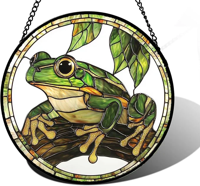 First-Class Stained Glass Window Hanging Frog Green Leaf Sun Catchers Colorful Glass Panel Cool Suncatcher Decor for Birthday for Women Men Wife Aunt and Mom 9.8 inAbout This Versatile