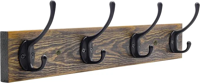 Refined IBosins Wall Mounted Coat Rack Entryway Hanging Metal Wood Rack with 4 Black Literary Rustic Hooks Rail for Scarf Bag Towel Key Cap Cup Hat Brown About ThisOverview Expertly Made