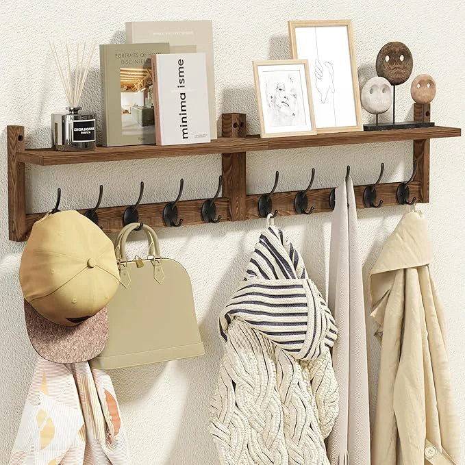 Genuine AMBIRD 34.2 inch Wooden Extra-Long Wall Hook Rack with Shelf - Versatile and Decorative Wall-Mounted Storage - 10 Hooks for Hanging Coats Hats Scarves - I for Entryways Bedrooms ClosetsAbout ThisOverview Elegant