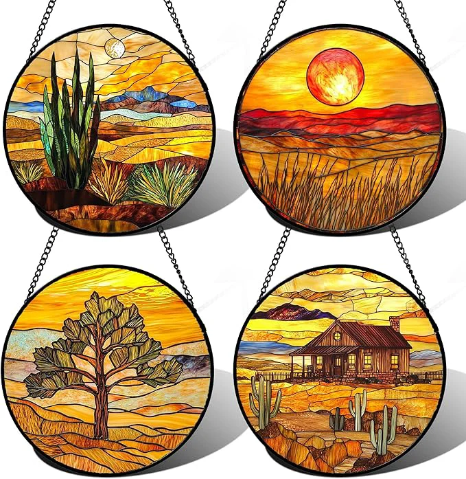 Elite Stained Glass Window Hanging 4 Pcs Set Desert Sunset Theme Landscape Large 15 - Suncatcher Door Garden Sun Catcher Decor Birthday Christmas for Mom Woman Nana MenAbout This Comfortable