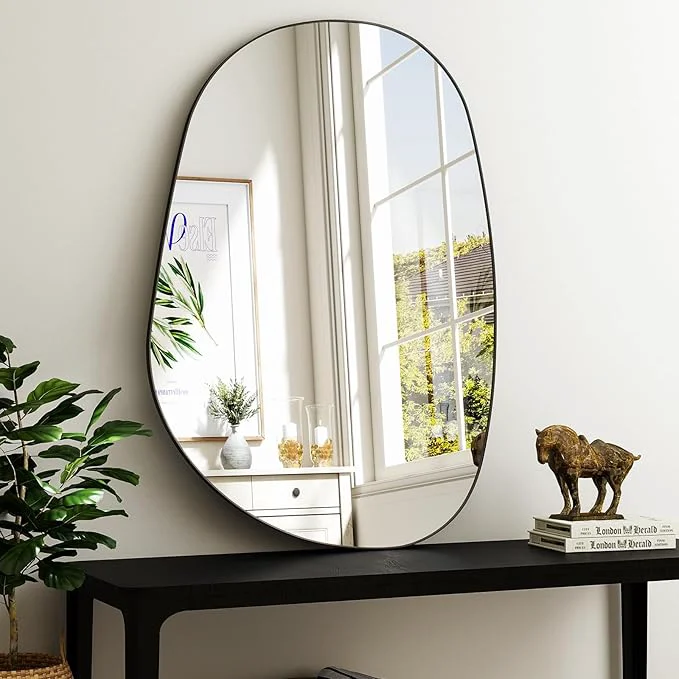 Carefully Designed 38 x26 Bathroom Mirror for Wall Irregular Bathroom Mirrors for Over Sink espejos decorativos de pared Modern Metal Framed Vanity Mirror for Bedroom Entryway Bathroom Living Room BlackAbout ThisOverview Quality