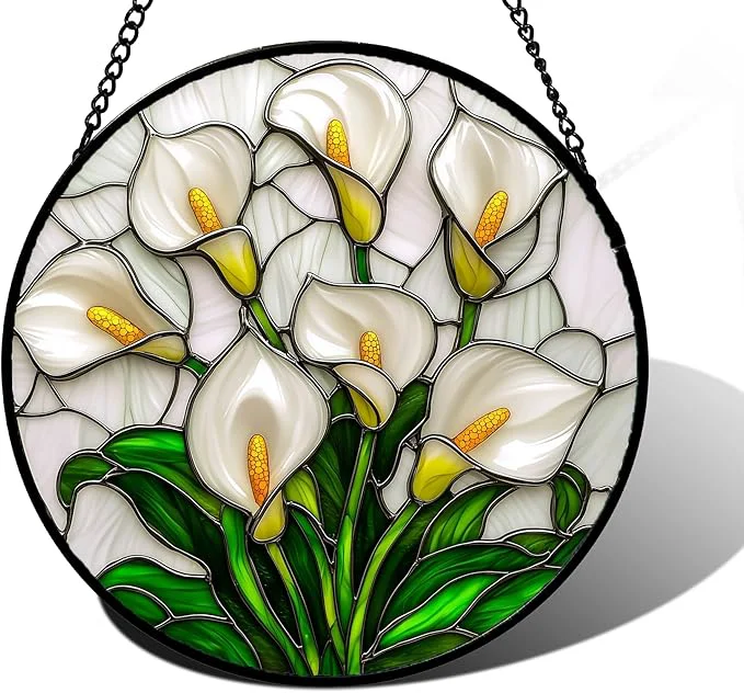 Unique Stained Glass Window Hanging White Calla Lily Suncatcher Diamond Glass Panel Hangings Flowers Sun Catchers Decor for Birthday for Women Men Wife Aunt and Mom 11.8x11.8 inAbout This World-Class