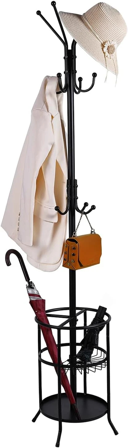 Unique Metal Coat Rack standing Coat Rack Stand with Umbrella Holder Coat Tree with 12 Hooks for Clothes Hats Bags Modern Coat Hanger Stand for Entryway Living Room Bedroom Office Use BlackAbout ThisOverview Fashionable
