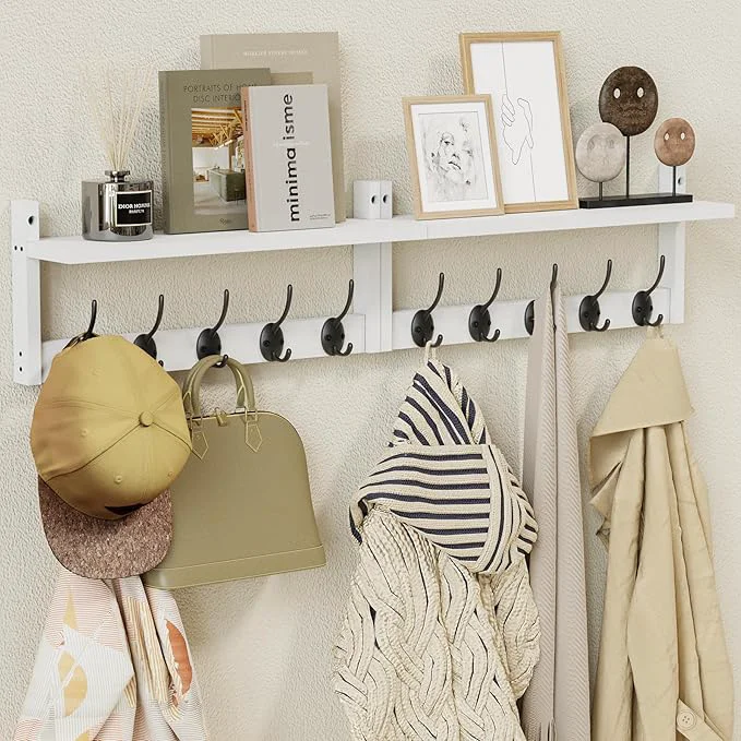 Certified AMBIRD 34.2 L Wooden Wall Coat Hooks with Shelf - Versatile and Decorative Wall-Mounted Storage - 10 Hooks for Hanging Coats Hats Keys Bags Scarves - I for Entryways Bedrooms Closets White About ThisOverview Reliable