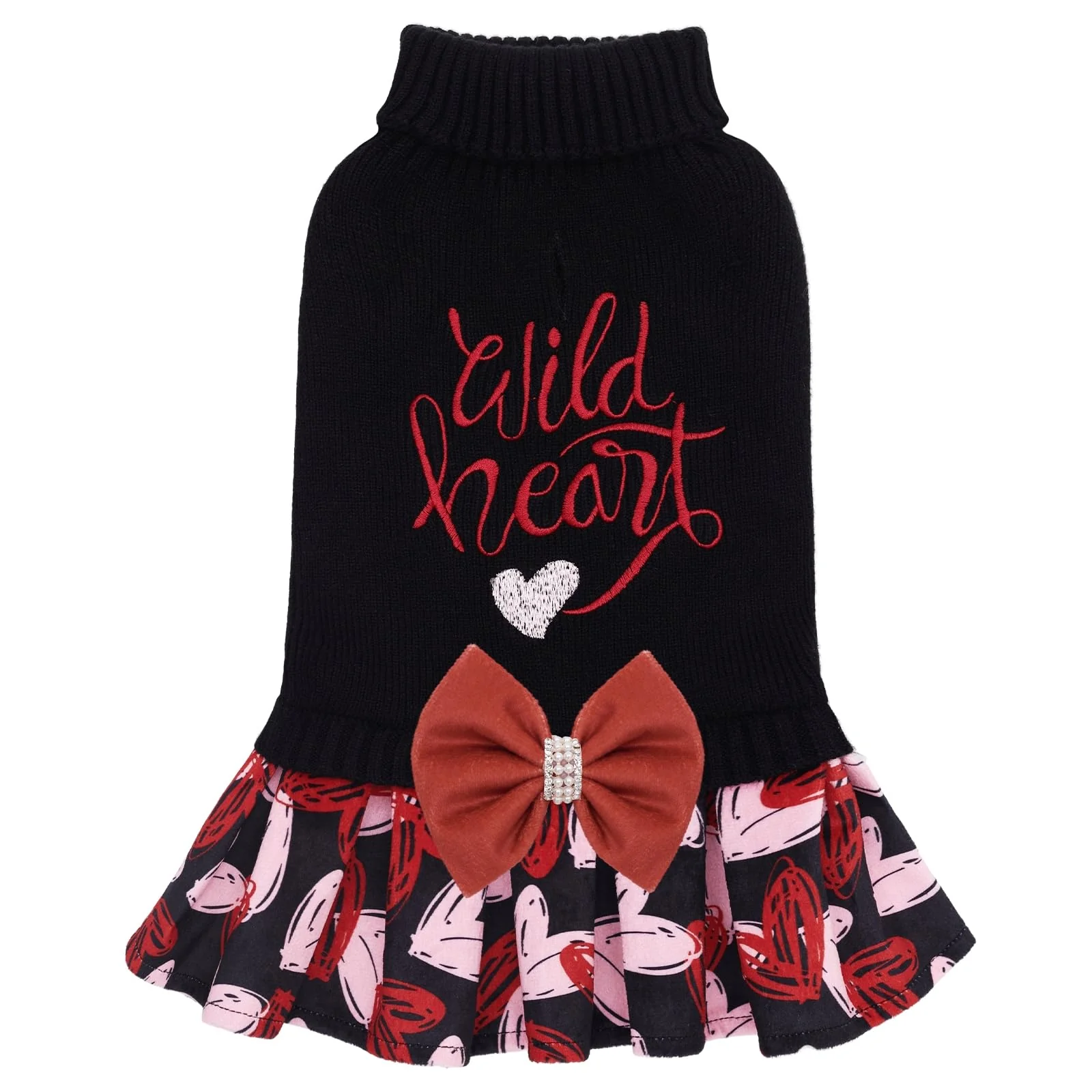 Clean CuteBone Core Spun Dog Sweater Dress for Small Dogs — Wild Heart Embroidery Leash Hole Practical
