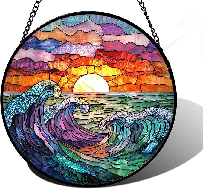 Sophisticated Stained Glass Window Hanging Clouds and Sea Waves Suncatcher Diamond Glass Panel Hangings Scenery Sun Catchers Decor for Birthday for Women Men Wife Aunt and Mom 7.8 inAbout This Efficient