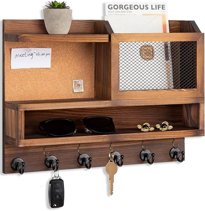 Original Design Key Holder for Wall with Mail Organizer Farmhouse Mail and Key Holder for Wall Key Hanger with ‌Metal 11 Hooks Corkboard and Shelf Decorative Natural Pine Wood Entryway Organizer 14.6 11.1 3.3 BrownAbout ThisOverview World-Class