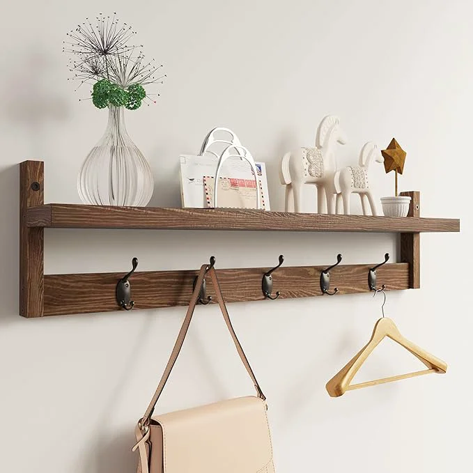 Top-Quality AMBIRD 28.9 Inch Length Shelf with Hooks Entryway Coat Rack Wall Mount Wood Coat Hooks with Shelf Wall-Mounted Coat Hook Rack with 5 Dual Hooks for Bathroom Living Room Bedroom Brown About ThisOverview Safe