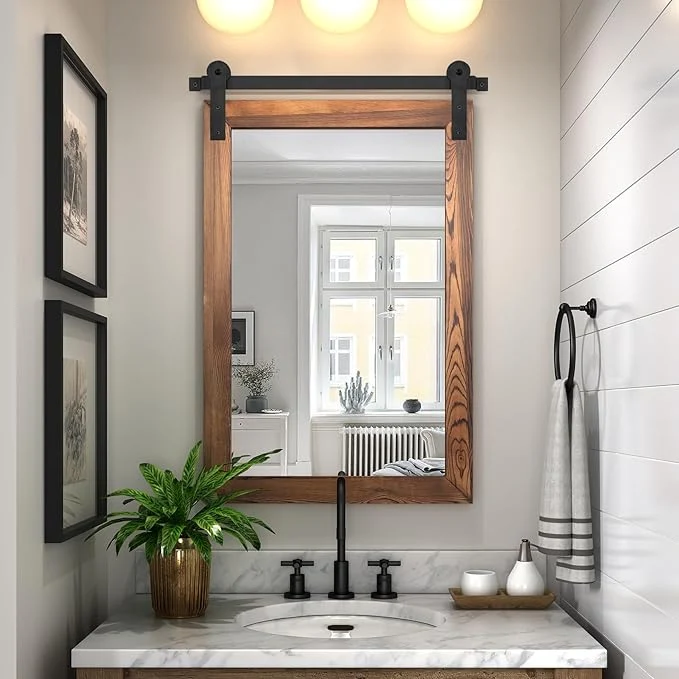 Sustainable COGOOD Farmhouse Barn Door Mirror - 21 x 30 Rustic Wood Framed Wall Mirror for Bathroom Living Room Entryway Wall Decor Brown About ThisOverview Solid