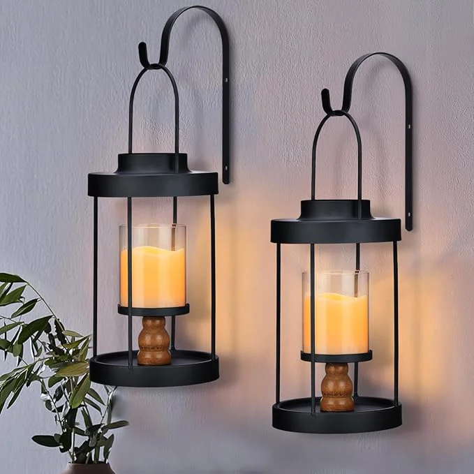 Elite Metal Wall Sconce Candle Lantern Set of 2 - Black Wall Mounted Wood and Metal Hanging Holder with Glass Candles Vintage Wall Decor for Porch Living Room Dining Room Bedroom Indoor DecorAbout ThisOverview Original