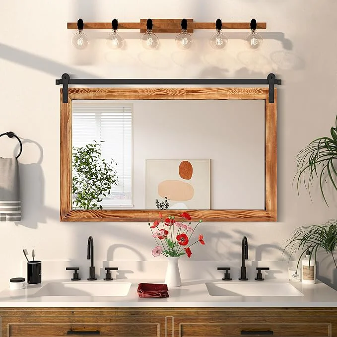 Unique COGOOD Farmhouse Bathroom Mirror - 45 x 30 Large Rectangle Barn Door Mirror for Vanity Bedroom Living Room Wall Decor Brown About ThisOverview Official