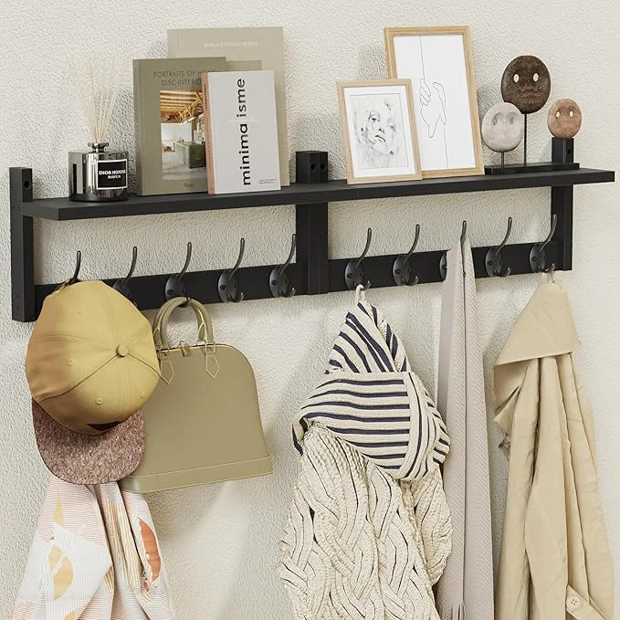 Breathable AMBIRD 34.2 Extra Long Wooden Wall Hook Rack with Shelf - Versatile and Decorative Wall-Mounted Storage with 10 Hooks for Coats Hats Keys Scarves - I for Entryways Bedrooms Closets Black About ThisOverview Exceptional