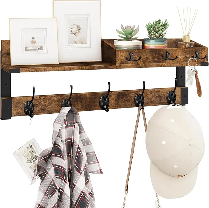 High-Quality Homode Coat Rack with Shelf Wall Shelf with Hooks 26 Inch Long Coat Hanger Wall Mount with Key and Mail Holder Wood Entryway Shelves for Hanging Hat Jacket Backpack Purse Rustic Brown BlackAbout ThisOverview Convenient