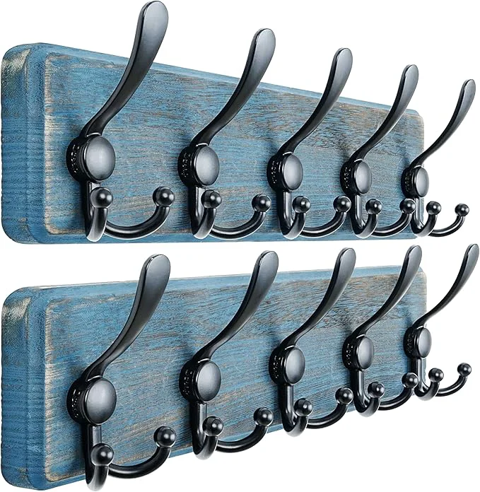 Trendy Dseap Coat Rack Wall Mount - Heavy-Duty Robust Barnwood-Style Wooden Wall Coat Hanger Hook Rail with 5 Triple Hooks for Winter Coats Hat Jacket Clothing Weathered Blue Black Pack of 2About ThisOverview Practical
