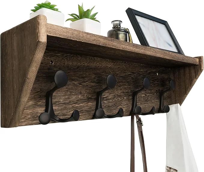 Professional WEBI Wall Shelf with Hooks Underneath 24 Long Wall Mounted Coat Rack with Shelf Entryway Coat Rack with 4 Triple Hooks for Hanging Coats Jacket Hallway Bedroom Mudroom Weathered BrownAbout ThisOverview Reliable