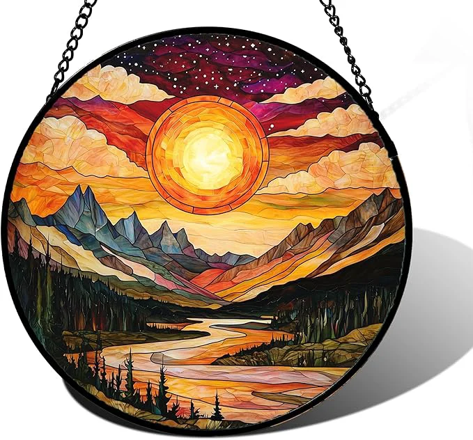 Elite Stained Glass Window Hanging Dusk Sunset Landscape Sun Catchers Glass Panel Lakes and Mountains Suncatcher Decor for Birthday for Women Men Wife Aunt and Mom 6.3 inAbout This Refined