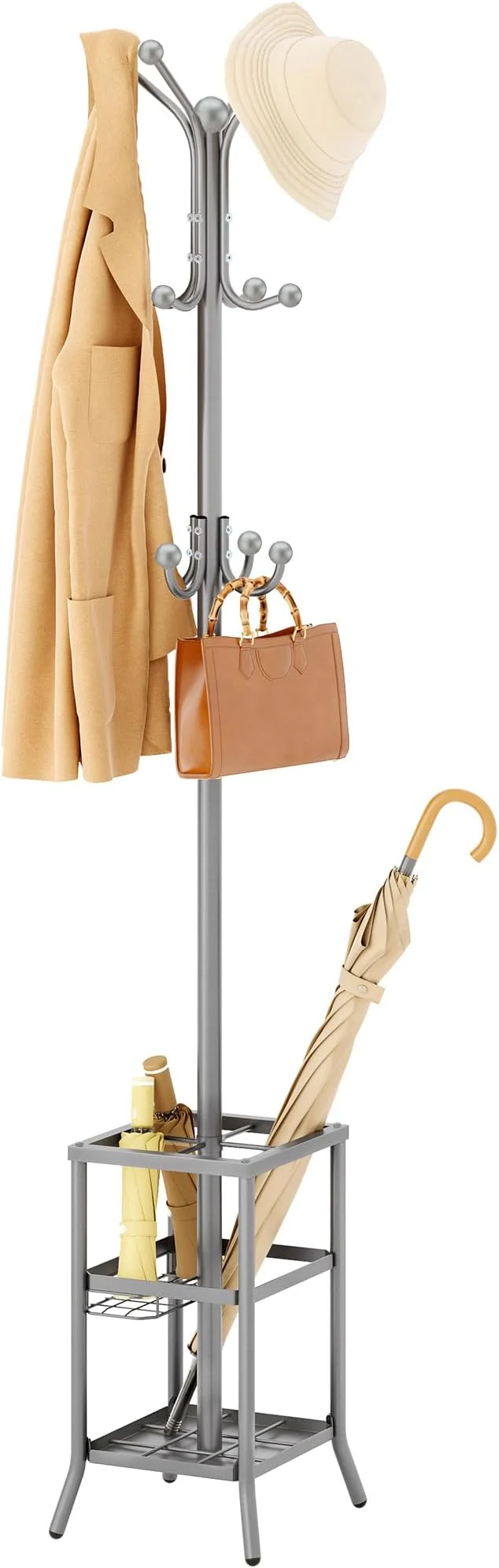 High-Performance FAVOOSTY Coat Rack standing Coat Rack Stand with Umbrella Holder Metal Coat Tree with 12 Hooks Tree Clothes Hat for Entryway Hallway Bedroom Living Room Office - Silver GreyAbout ThisOverview Soft