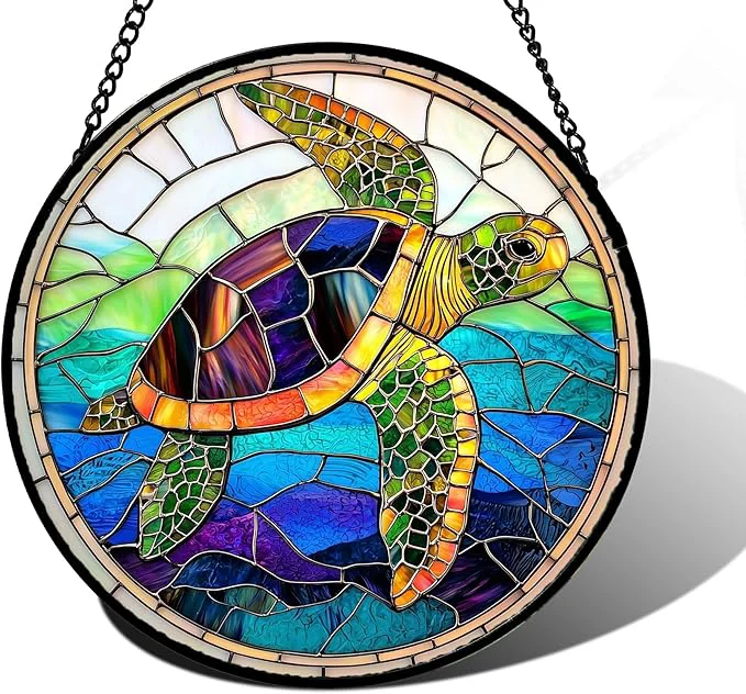 Consistent Stained Glass Window Hanging Colored Turtle Ocean Suncatcher Diamond Glass Panel Hangings Marine Life Sun Catchers Decor for Birthday for Women Men Wife Aunt Mom 11.8 inAbout This Elite