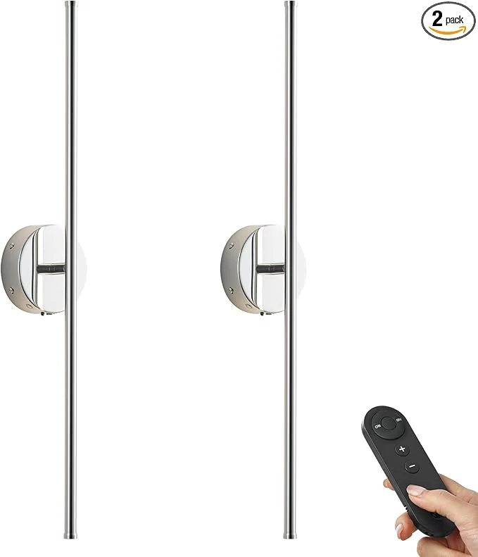 High-End Battery Operated Wall Sconces with Remote Control Dimmable Wall Sconces Set of Two 350°Rotate 3000K LED Chrome Wireless Wall Light for Living Room Bedroom Hallway 28.3 Inch 2 Pack About ThisOverview Certified