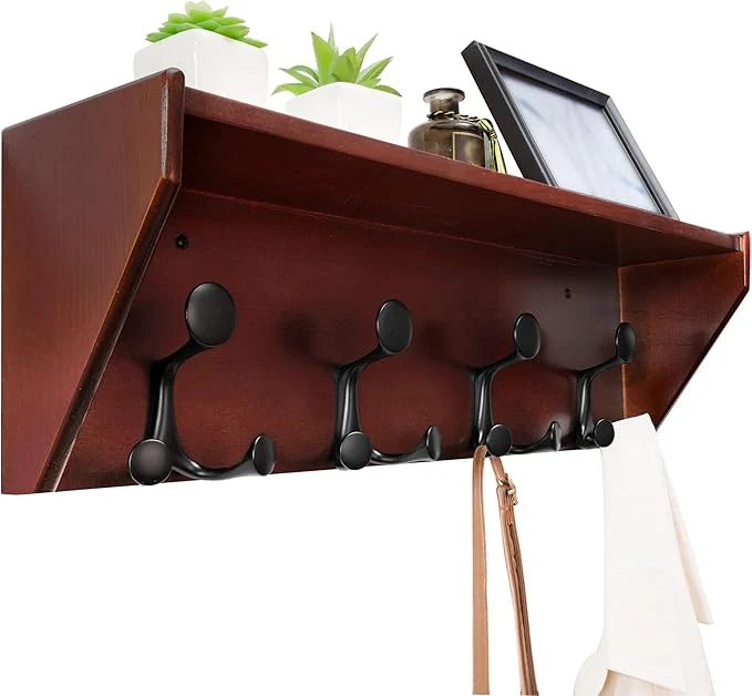 Official WEBI Wall Shelf with Hooks Underneath 24 Long Wall Mounted Coat Rack with Shelf Entryway Coat Rack with 4 Triple Hooks for Hanging Coats Jacket Hallway Bedroom Mudroom CherryAbout ThisOverview Artisan