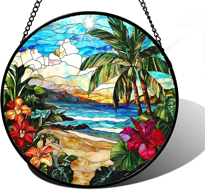 Fast Stained Glass Window Hanging Blue Beach Scenery Suncatcher Diamond Glass Panel Hangings Sun Catchers Decor for Birthday for Women Men Wife Aunt and Mom 11.8x11.8 inAbout This Optimized