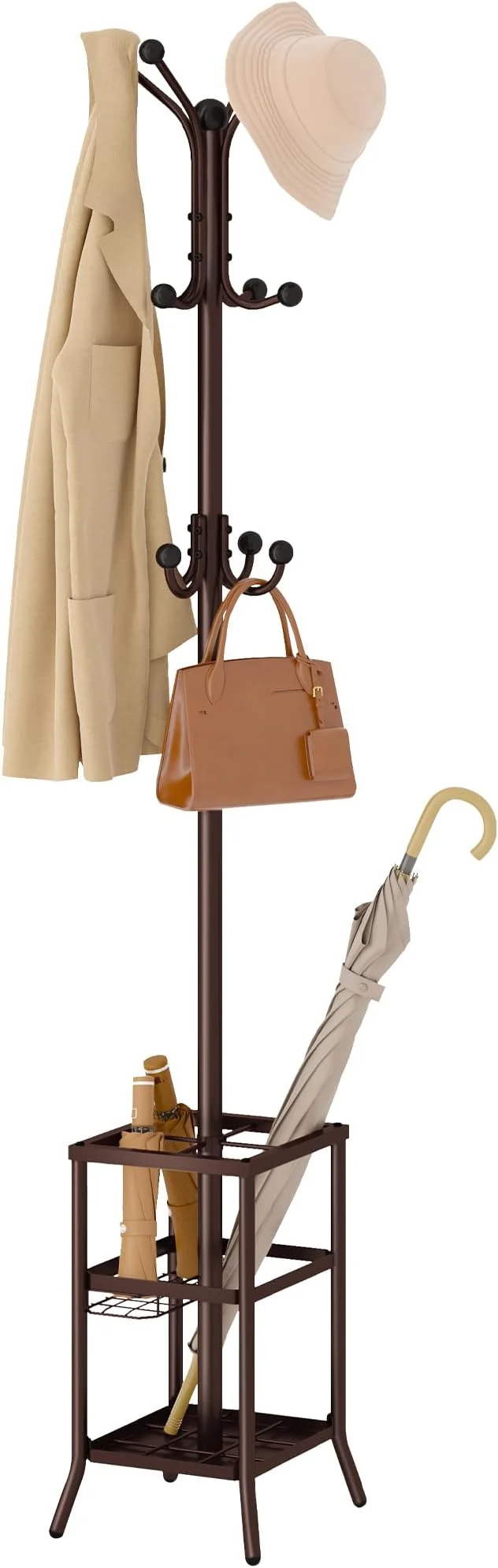 Official FAVOOSTY Coat Rack standing Coat Rack Stand with Umbrella Holder Metal Coat Tree with 12 Hooks Tree Clothes Hat for Entryway Hallway Bedroom Living Room Office -BrownAbout ThisOverview Recyclable