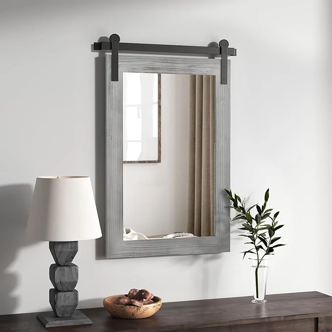 Organic COGOOD Farmhouse Barn Door Mirror - 30 X 21 Rustic Wood Framed Wall Mirror for Bathroom Living Room Entryway Wall Decor Grey About ThisOverview Sophisticated