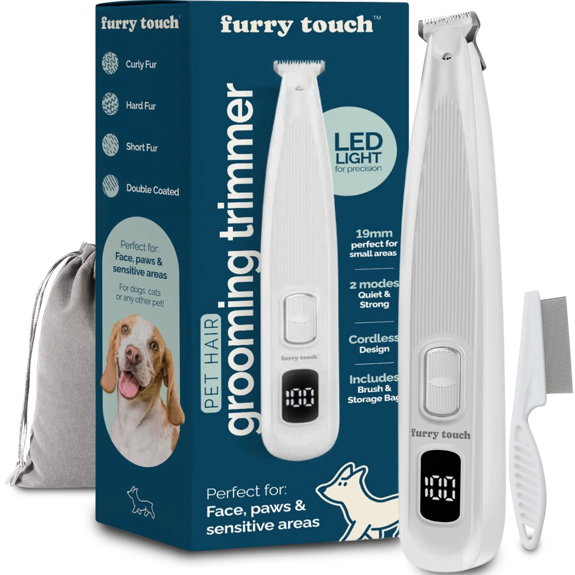 Proven Furry Touch Dog Paw Trimmer — Quiet Cordless Pet Clippers for Paws Ears Face USB-C Rechargeable Easy-to-Use