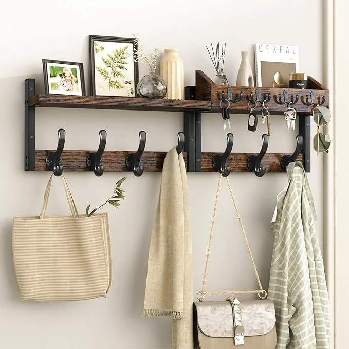 Artisan Evermagin 29 Coat Rack Wall Mount with Shelf 4 in 1 Coat and Key Hanger with 11 Metal Hooks Entryway Wall Mounted Shelf with Mail Holder for Living Room Bedroom Rustic BrownAbout ThisOverview Quality