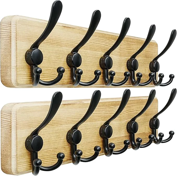 Prestigious Dseap Coat Rack Wall Mount - Heavy-Duty Robust Rustic Wooden Wall Coat Hanger Hook Rail with 5 Triple Hooks for Winter Coats Hat Jacket Clothing Light Brown Black Pack of 2About ThisOverview Powerful
