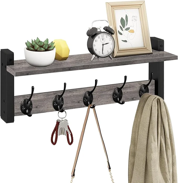 Minimalist Homode Wall Hooks with Shelf Coat Rack Wall Mount Entryway Shelf with Hooks for Clothes Backpack Key Purse - Rustic GreyAbout ThisOverview Advanced