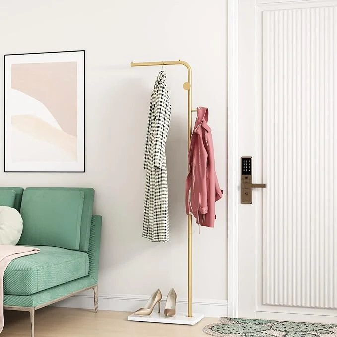 Environmentally Friendly Gold Coat Rack with White Base standing Entryway Rack with 3 Hooks L Shape Home Coat Hanger for Jackets Hats ClothesAbout ThisOverview Smooth