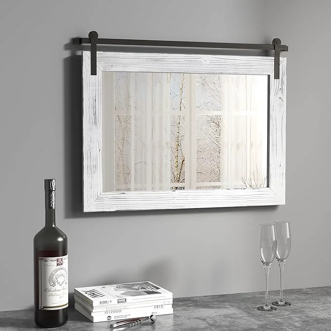 Premium Material COGOOD Farmhouse Barn Door Mirror - 25 x 18 Rustic Wood Framed Decrative Mirror for Bathroom Living Room Entryway Wall Decor White About ThisOverview High-Grade