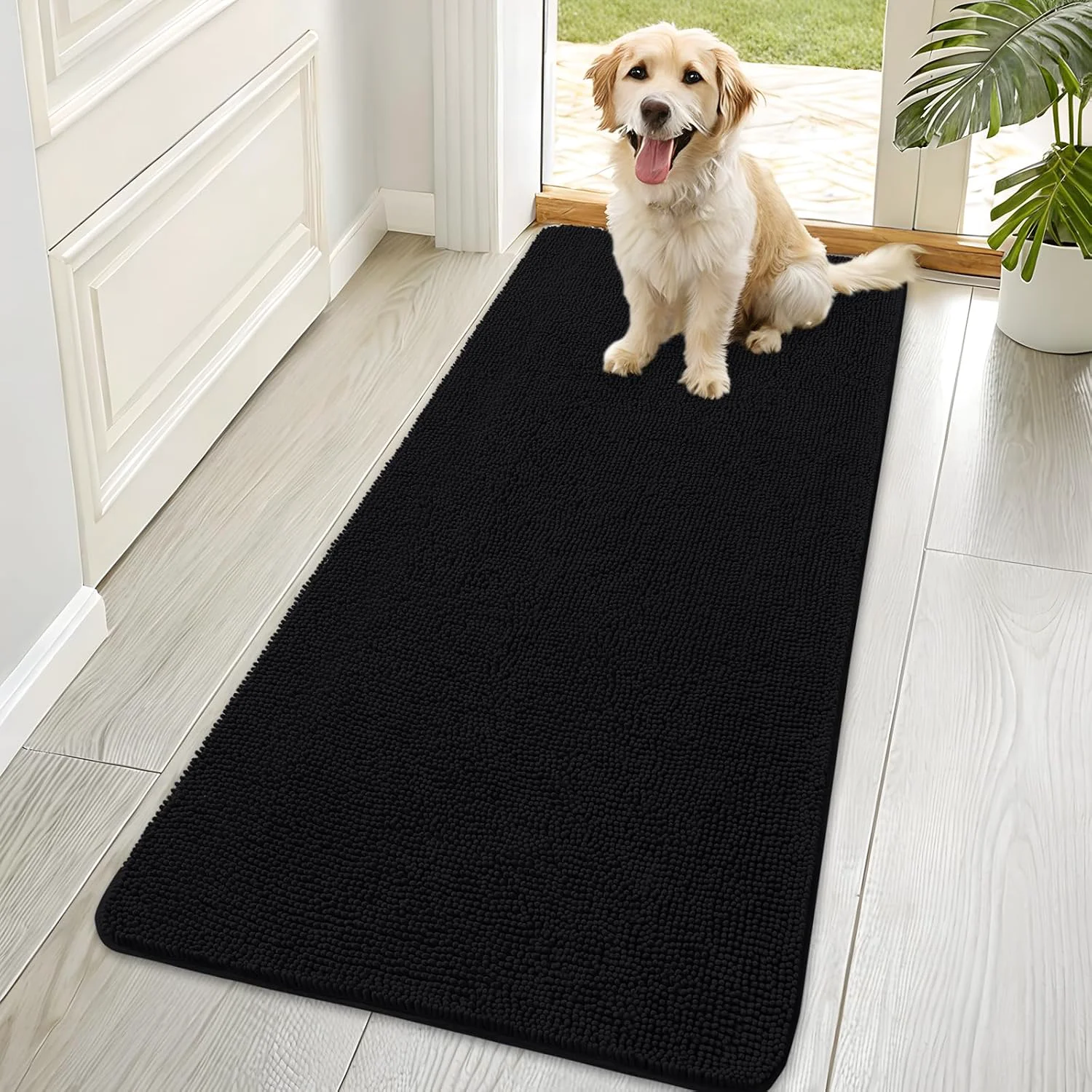 Fine Crafted OLANLY Dog Door Mat for Muddy Paws 70x35 Absorbs Moisture and Dirt Absorbent Non-Slip Washable Doormat Quick Dry Chenille Mud Mat for Dogs Entry Indoor Entryway Carpet for Inside Floor Black Safe