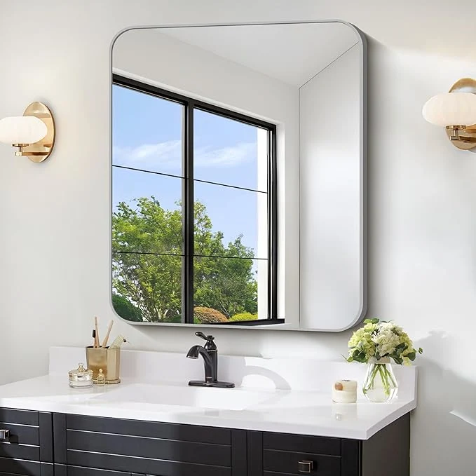 Luxury FORBATH 30x36 Inch Silver Bathroom Mirror for Over Sink Large Rectangular Wall Mirror with Metal Frame Rounded Corners for Bathroom Bedroom Entryway Decor Horizontal or Vertical About ThisOverview Sophisticated