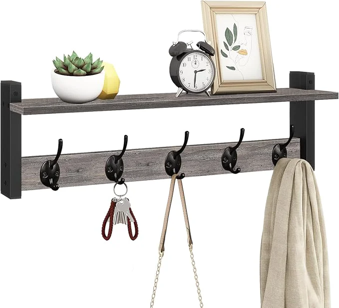 Top-Quality Homode Wall Hooks With Shelf 24 Inch Coat Rack Wall Mount for Entryway Clothes Backpack Key Purse - Floating Shelf Hanging in Bathroom Bedroom Hallway Rustic GreyAbout ThisOverview Exclusive