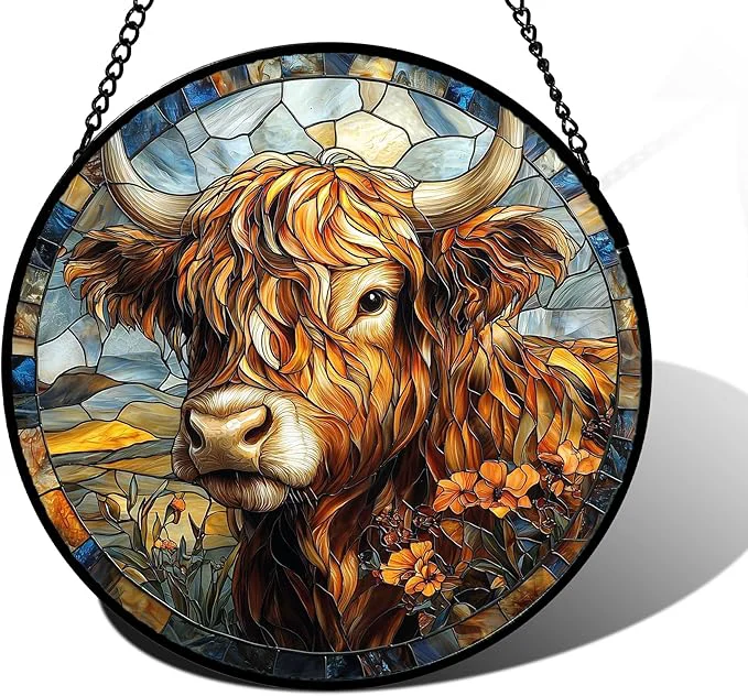 Safe Stained Glass Window Hanging - Funny Cow Flower Suncatcher Ready to Hang Window Doors Home Decoration and Christmas Mother's Day Birthday Gifts for Women Men and Mom 11.8x11.8 inAbout This Organic