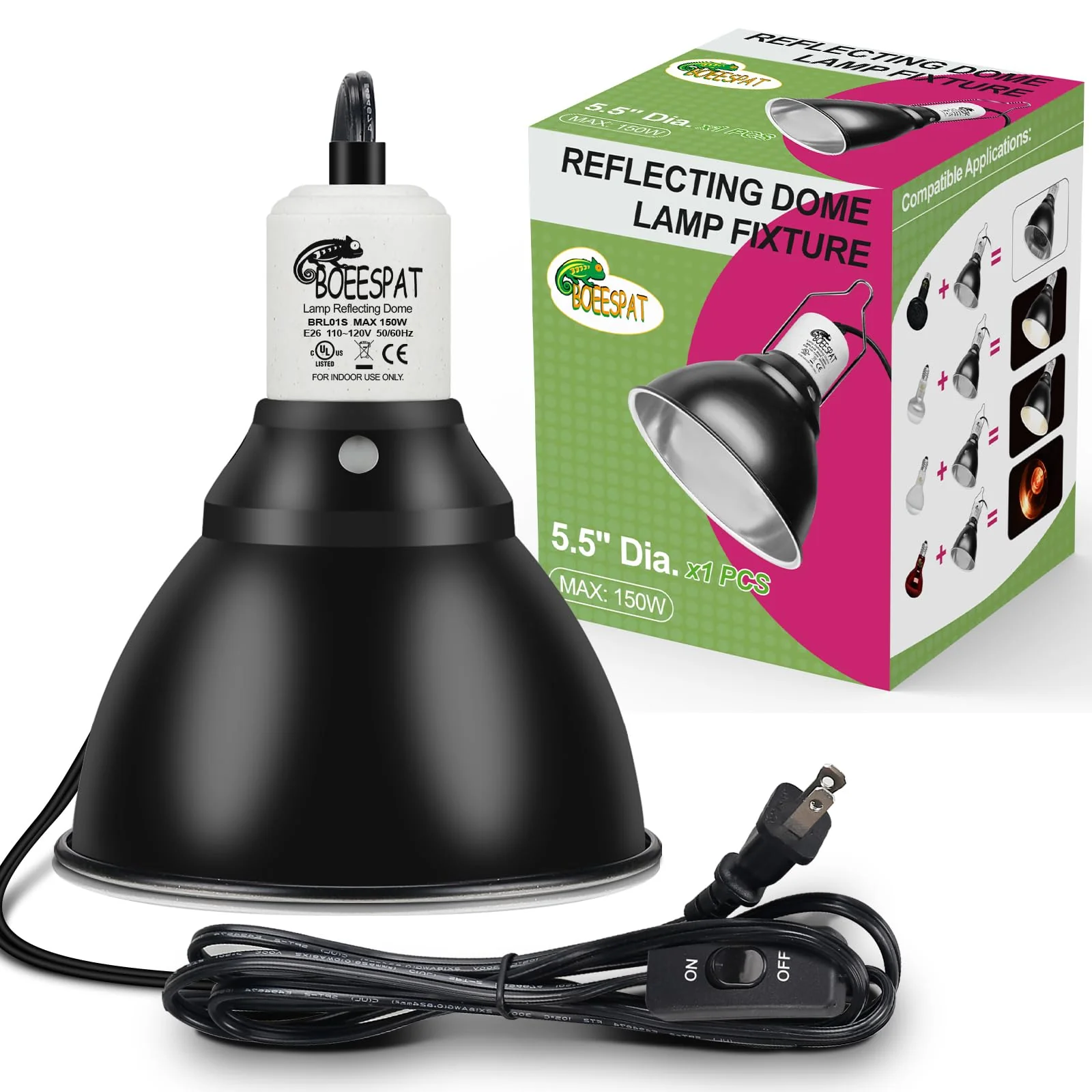High-Grade BOEESPAT Reptile Lamp Bulb Fixture 5.5 Inch Deep Dome with Switch E26 UVA UVB Basking Heat Up to 250W Pure