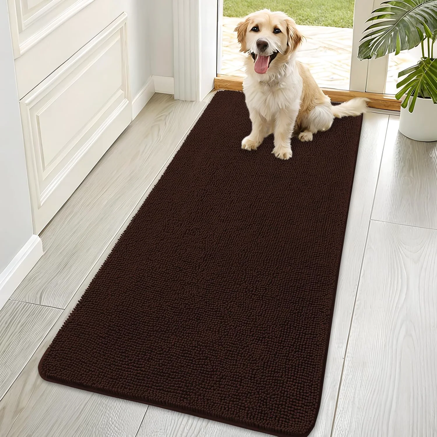 Sustainable OLANLY Dog Door Mat for Muddy Paws 70x35 Absorbs Moisture and Dirt Absorbent Non-Slip Washable Doormat Quick Dry Chenille Mud Mat for Dogs Entry Indoor Entryway Carpet for Inside Floor Brown Original