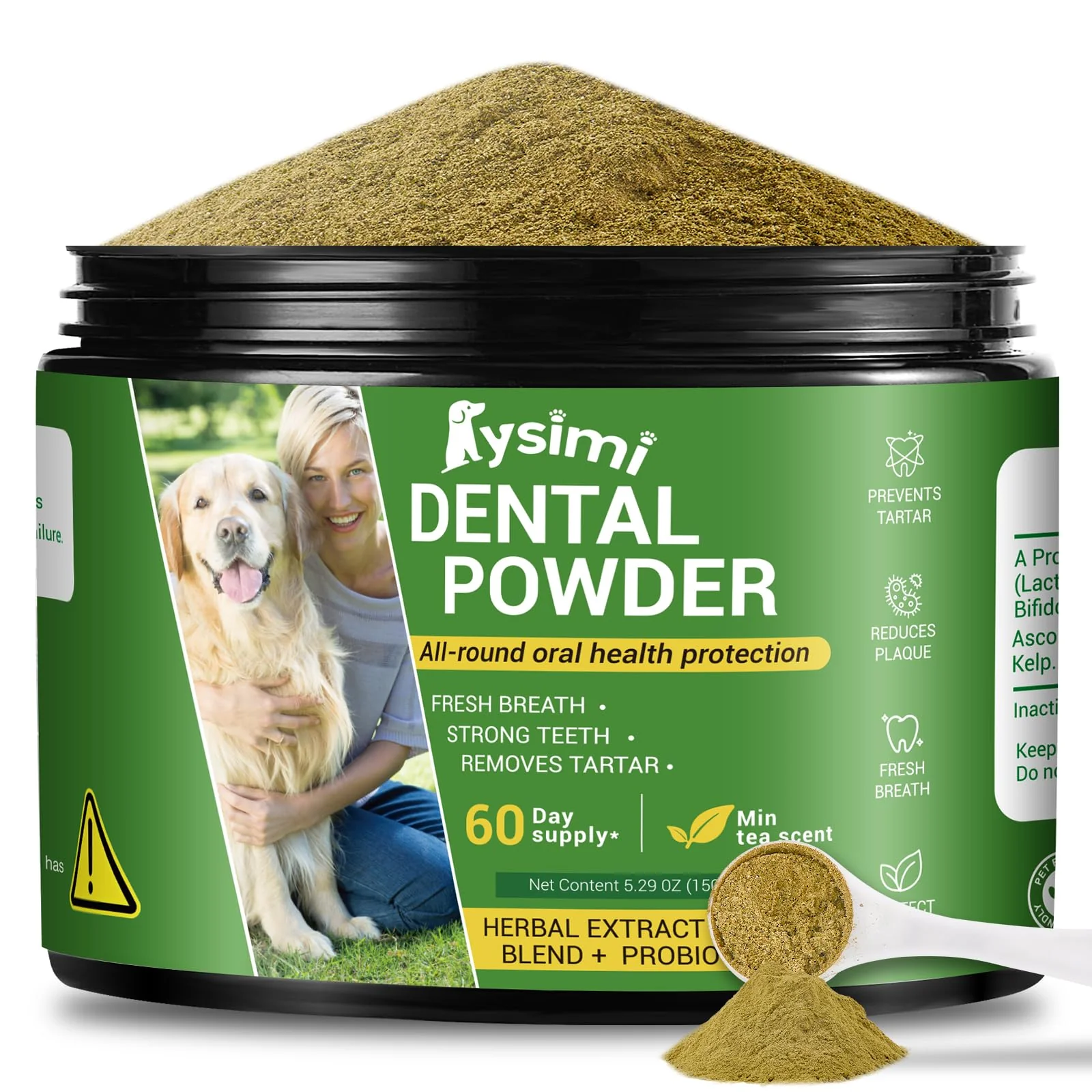 Crafted Lysimi Dog Dental Powder - Probiotics Herbal Mint All Breeds 150g Teeth Cleaning Fresh Breath Pure