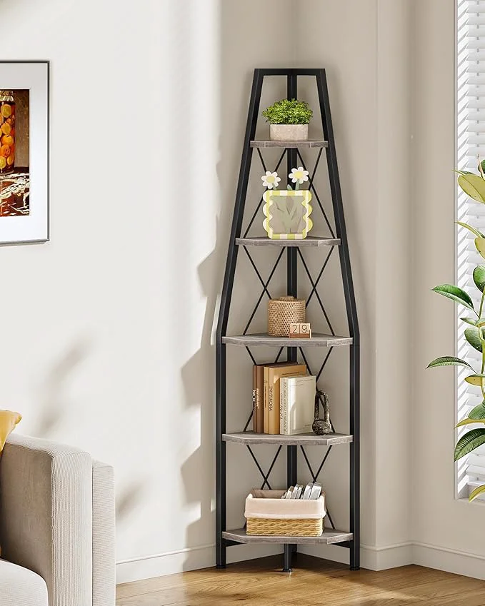 World-Class 5-Tier Corner Shelf Corner Bookshelf Ladder Shelf Floor Standing Storage Rack Open Display Stand Plant Stand for Living Room Bedroom Study Bathroom Greige and Black TCJ22BGAbout ThisOverview Lightweight