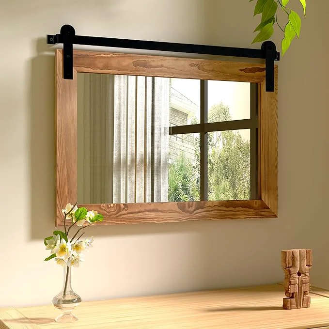Proven COGOOD Farmhouse Barn Door Mirror - 25 X 18 Rustic Wood Framed Decrative Mirror for Bathroom Living Room Entryway Wall Decor Brown About ThisOverview Detailed