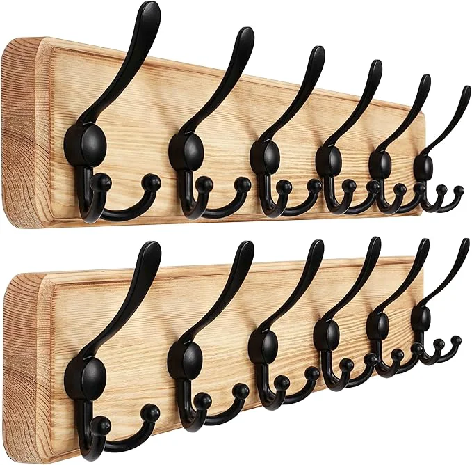 Reusable Dseap Coat Rack Wall Mounted - 24 Long 6 Tri Hooks Heavy Duty Wooden Wall Coat Hanger Coat Hook for Clothes Hat Jacket Clothing Weathered Light Natural and Black Pack of 2About ThisOverview Fast