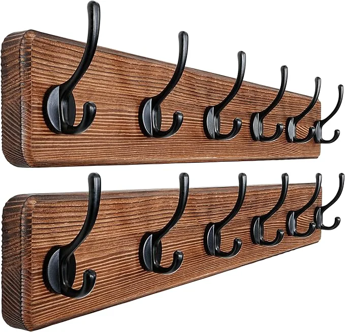 Classic Dseap Wall Mounted Coat Rack 24 Long Patented Heavy-Duty 6-Double-Hooks Wooden Hanger Rail for Winter Coats Hat Jacket Clothing - Natural Black Pack of 2About ThisOverview Sustainable